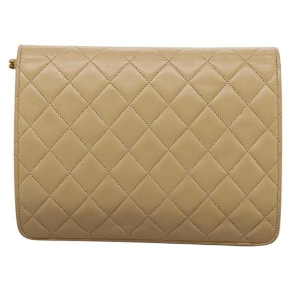 CHANEL Matelasse Chain Shoulder Bag Lamb Skin Beige Gold CC Auth PP327 - Picture 2 of 16